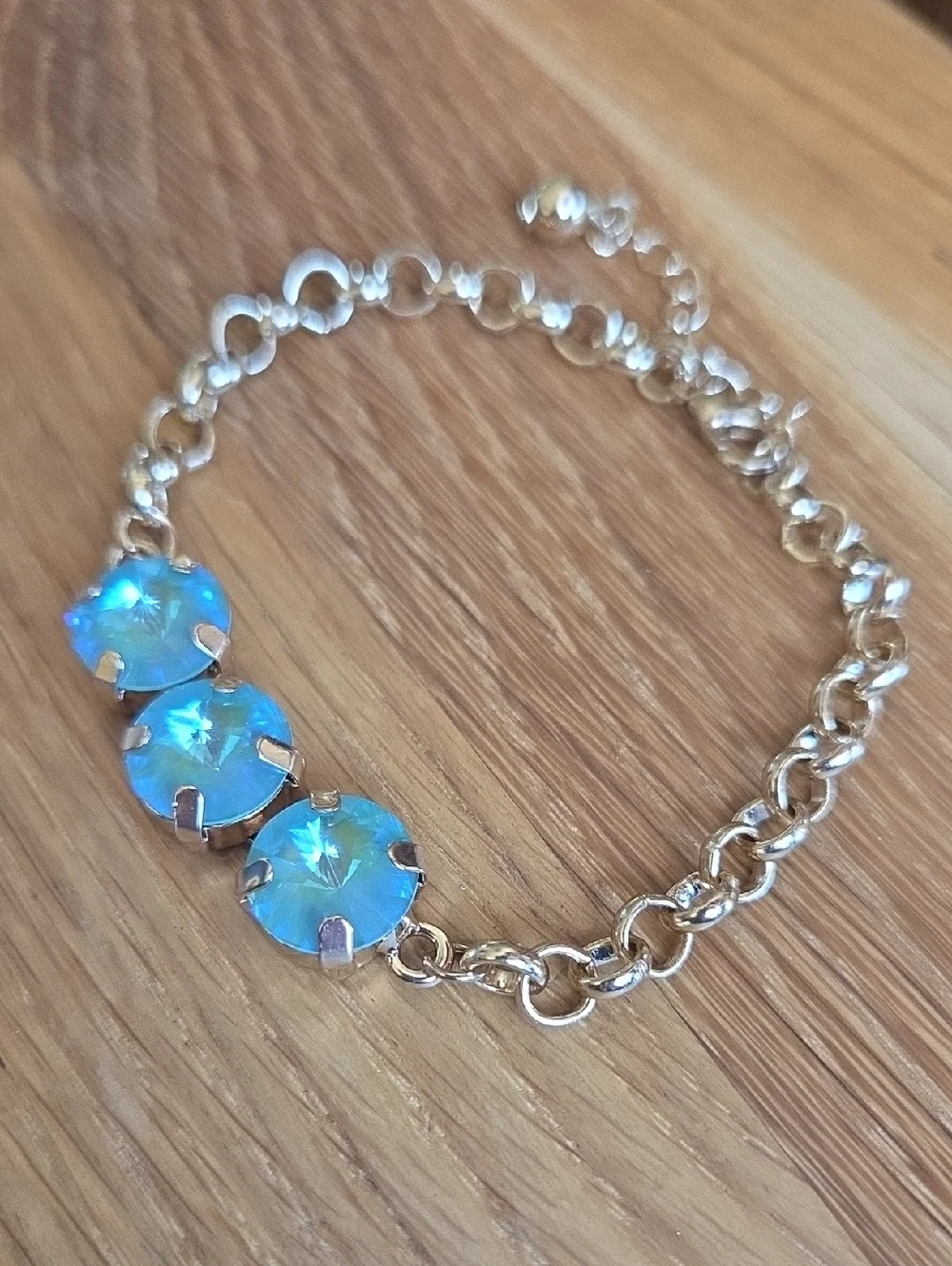 Blue / Green Sparkly Crystals Gold Rolo Chain Bracelet - Hand Crafted
